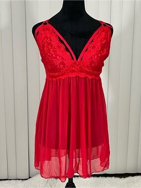 HIPS & CURVES Lace & Chiffon Strappy Babydoll Nightdress Lingerie Red Size 1X